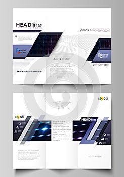 Tri-fold brochure business templates on both sides. Layout in flat style. Colorful neon dots, dotted technology