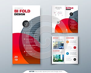 Tri fold brochure design. Business template for tri fold flyer. Layout with modern circle photo and abstract background