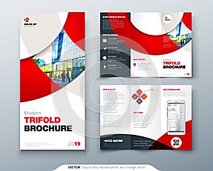 Tri fold brochure design with circle, corporate business template for tri fold flyer. Layout with modern photo and