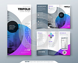 Tri fold brochure design. Purple corporate business template for tri fold flyer. Layout with modern circle photo and