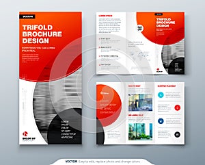 Tri fold brochure design. Red business template for tri fold flyer. Layout with modern circle photo and abstract