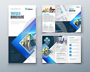 Tri fold brochure design with square shapes, corporate business template for tri fold flyer. Creative concept folded
