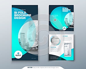 Tri fold brochure design. Teal, orange corporate business template for tri fold flyer. Layout with modern circle photo