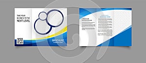 Tri-fold brochure template design with blue waves and circles