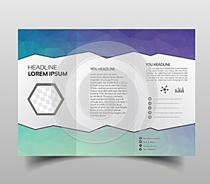 Tri-fold brochures, square design templates. Molecular construction with polgonal design, scientific pattern on abstract polygonal photo