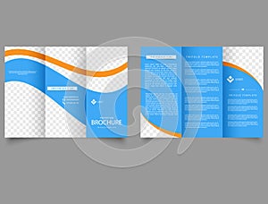 Tri-fold business brochure template. Blue and yellow waves