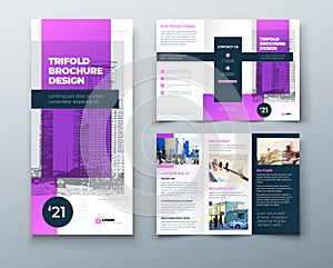 Tri fold purple brochure design with square shapes, corporate business template for tri fold flyer. The template is