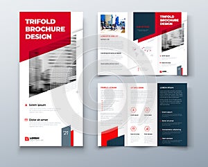 Tri fold red brochure design with square shapes, corporate business template for tri fold flyer. Template is white with