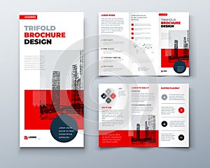 Tri fold red brochure design with square shapes, corporate business template for tri fold flyer. The template is white