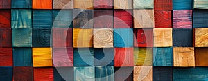 Triadic color scheme on wood panel rainbow cubes in geometric arrangement. Generated AI photo