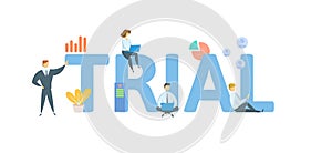 TRIAL. Concept with people, letters and icons. Flat vector illustration. Isolated on white background.