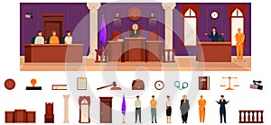 Trial courtroom icons set cartoon vector. Desk judge