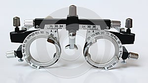 Trial frame used in ophtalmology and optometry to diagnose and correct refractive errors.