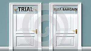Trial and plea bargain as a choice - pictured as words Trial, plea bargain on doors to show that Trial and plea bargain are