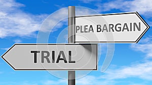 Trial and plea bargain as a choice, pictured as words Trial, plea bargain on road signs to show that when a person makes decision