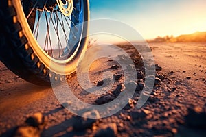 Trial sports bike wheel in the sun shine. Close up view of a mountain bike wheel.