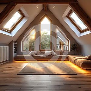 Triangle attic room modern dormer loft conversion interior in apartment