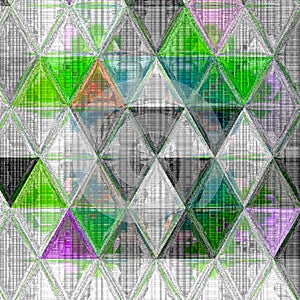 Triangle background in light colors spring green, violet, white, gray, effect patchwork knitted texture