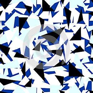 Triangle background. Seamless pattern. Geometric abstract texture. Blue, white and black colors. Polygonal mosaic style. Vector