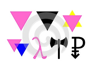 Triangle badges LGBT, biangles for bisexuality. LGBT signs symbols set. Pansexual symbol. Lambda, Labrys signs