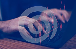 Triangle caution warning sign for notification error. Staff, programmer, developer using computer laptop maintenance system, scam