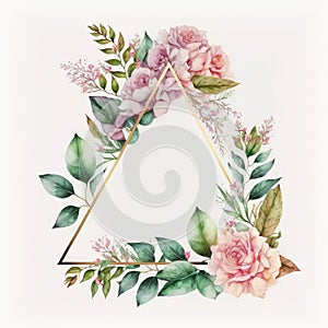 Triangle frame of pink flower and green leaves with leave watercolor painting.