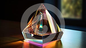 Triangle glass prism on wooden table