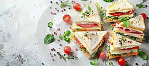 Triangle ham, cheese, and tomato sandwich with salad on bright white background, copy space included