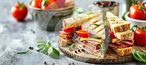 Triangle ham, cheese, and tomato sandwich with salad on white background, ideal for text placement.