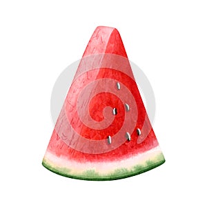 Triangle juicy watermelon slice with seeds watercolor illustration. Delicious ripe fruit food for summer natural dessert