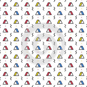 Triangle with lightning on white background. Seamless repeating pattern. Geometric abstract texture. Minimal memphis