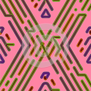 Triangle line geometrical vector seamless pattern neon light colorful background