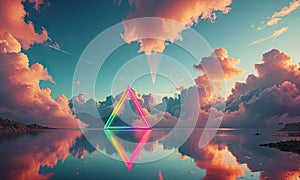 A triangle is in the middle of a body of water with a beautiful sunset in the background.