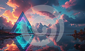 A triangle is in the middle of a lake with a beautiful sunset in the background.