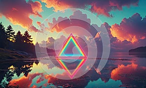 A triangle is in the middle of a lake, surrounded by trees and a beautiful sunset.