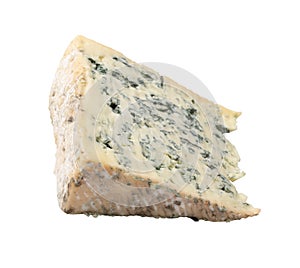 Piece of Blue Mold Cheese on White Background Close Up photo