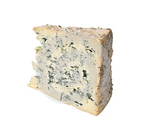 Piece of Blue Mold Cheese on White Background Close Up photo