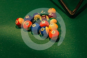 Triangle of numbered billiard balls on green table