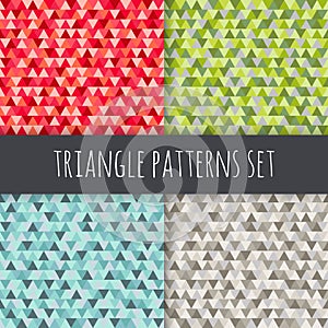 Triangle patterns set. Red, blue, green, grey, brown vector seamless geometric backgrounds