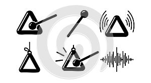 Triangle percussion instrument icons set with mallet and sound wave simple design vector collection
