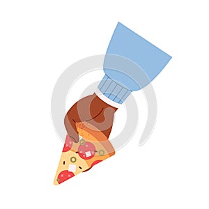 Triangle pizza piece in hand. Holding, taking Italian fast food slice,traditional snack with salami, pepperoni sausage