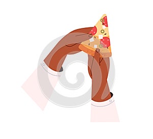 Triangle pizza piece with salami sausage. African-American hands taking, holding cut Italian snack, food slice with