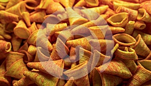 Triangle plain corn cone snacks, Corn cone pile. Bugles chips, puffs with spices, crunchy puffed snack