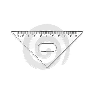 Triangle ruler ten cm. Vector math geometry transparent plastic school and office accessories. Centimeter scale. Graphic realistic