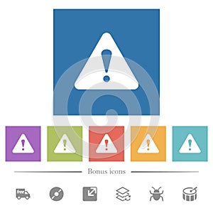 Triangle shaped warning sign flat white icons in square backgrounds