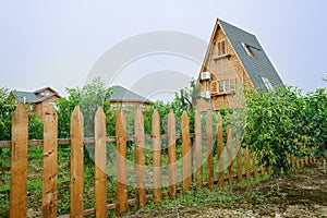 Triangle-shapend wooden cabin in fenced orchard