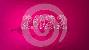 2022 triangle sign with world map. Magenta gradient low poly pattern. Polygonal vector background for web page, template, sample,