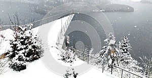 Triangle viewpoint of Hallstatt Winter snow mountain landscape hike epic mountains outdoor adventure and lake through the pine