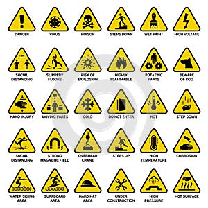 Triangle warning sign. Danger symbols safety emergency electrical hazard vector collection