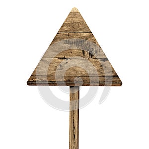 Triangle wooden sign isolated on white. Wood old planks sign